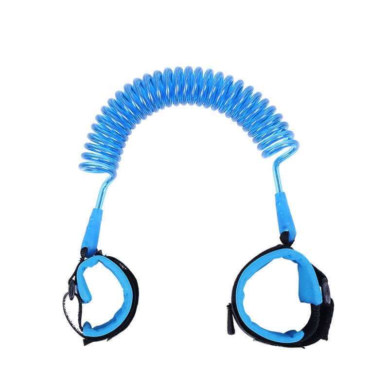 Child safety wristband with blue coiled leash and adjustable wrist straps for secure anti-lost protection.