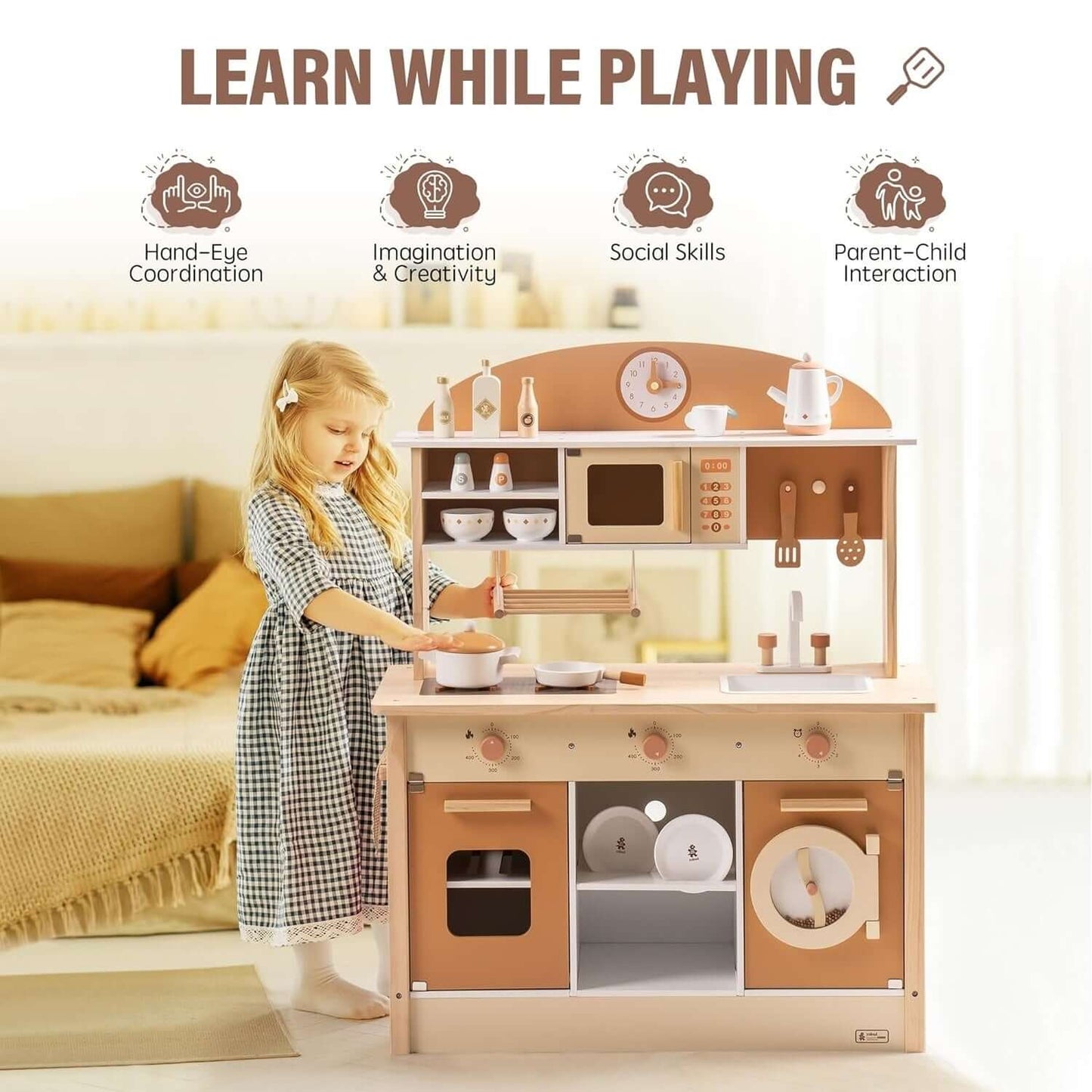 New Large Wooden Kitchen Playset With Accessories